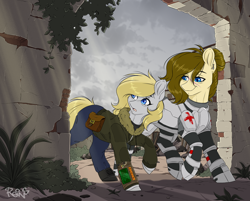 Size: 5600x4500 | Tagged: safe, artist:reins, oc, oc:dusty heartwood, oc:heartline, earth pony, pony, fallout equestria, alternate hairstyle, apocalypse, armor, armored pony, blonde, blonde mane, blonde tail, blue eyes, brown mane, ear piercing, earring, earth pony oc, facial scar, fallout equestria oc, female, gray coat, hair bun, jewelry, medic, piercing, pipbuck, red cross, ruins, scar, sibling bonding, siblings, sisters, stable (vault), tail, tan coat