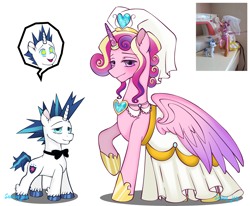 Size: 3720x3068 | Tagged: safe, artist:snowflakefrostyt, princess cadance, shining armor, alicorn, pony, unicorn, g4, clothes, dress, horn, meme, the bride and the ugly ass groom, unshorn fetlocks, wedding dress