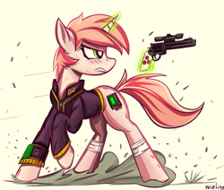 Size: 2300x1950 | Tagged: safe, artist:weiling, oc, oc only, oc:littlepip, pony, unicorn, fallout equestria, bandage, clothes, fanfic art, female, glowing, glowing horn, gun, handgun, horn, jumpsuit, little macintosh, mare, pistol, revolver, simple background, solo, vault suit, weapon
