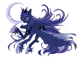 Size: 1240x939 | Tagged: safe, artist:噶, princess luna, alicorn, pony, g4, colored wings, crescent moon, female, fetlock tuft, full body, hoof shoes, jewelry, looking at you, luna's crown, mare, moon, peytral, princess shoes, regalia, simple background, solo, two toned wings, white background, wings
