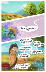 Size: 2006x3137 | Tagged: safe, artist:seventozen, applejack, rainbow dash, pony, comic:the problem of parthus, g4, apple, food