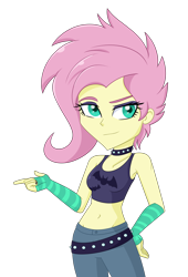 Size: 1420x2083 | Tagged: safe, artist:ravenwolf-bases, fluttershy, equestria girls, g4, my little pony equestria girls: better together, the road less scheduled, the road less scheduled: fluttershy, alternate hairstyle, bare shoulders, belly button, belt, breasts, choker, clothes, denim, eyeshadow, female, fingerless gloves, flutterpunk, gloves, jeans, makeup, midriff, pants, punk, simple background, solo, spiked choker, striped gloves, tank top, transparent background