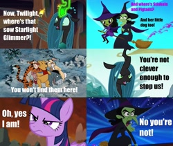 Size: 1041x879 | Tagged: safe, edit, edited screencap, editor:incredibubbleirishguy, screencap, queen chrysalis, twilight sparkle, alicorn, bear, big cat, changeling, changeling queen, donkey, pig, pony, rabbit, tiger, frenemies (episode), g4, to where and back again, twilight's kingdom, alliteration, angry, animal, caption, comic, confrontation, crossover, dorothy and the wizard of oz, female, former queen chrysalis, hat, image macro, implied starlight glimmer, male, mare, meme, parody, piglet, plushie, pooh, quote, rabbit (winnie the pooh), reference, reference in the description, reference used, scared, scene parody, screencap comic, teddy bear, text, the wizard of oz, thomas and friends, thomas and the magic railroad, thomas the tank engine, tigger, twilight sparkle (alicorn), wall of tags, wicked witch of the west, wilhelmina witch, winnie the pooh, witch, witch hat