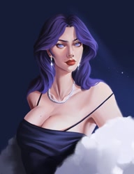 Size: 985x1280 | Tagged: safe, artist:llockdoown, rarity, human, g4, alternate hairstyle, armpits, bare shoulders, breasts, busty rarity, clothes, dress, ear piercing, earring, eyeshadow, female, fur coat, humanized, jewelry, lipstick, makeup, necklace, piercing, solo