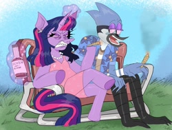 Size: 1080x815 | Tagged: safe, artist:watashie, twilight sparkle, bird, blue jay, unicorn, anthro, g4, 420, 420 blaze it, alcohol, bags under eyes, bench, blue sky, blunt, button-up shirt, clothes, crossed legs, crossover, crossover shipping, day, dress, drug use, drugs, female, food, furry, grass, grass field, gritted teeth, high, horn, jewelry, magic, male, marijuana, mordecai, mordetwi, necklace, open mouth, pearl necklace, regular show, scotch, shipping, shirt, smoke, smoke weed everyday, stoned, straight, teeth, telekinesis