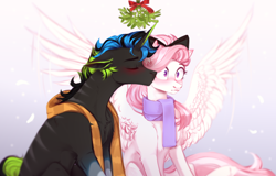 Size: 3444x2205 | Tagged: safe, artist:sparkling_light, oc, oc:terence, pegasus, pony, unicorn, blushing, bow, clothes, eyes closed, female, gradient background, horn, male, mistletoe, scarf, spread wings, wings