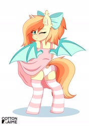 Size: 1448x2048 | Tagged: safe, artist:cottonaime, oc, oc only, oc:sunshine drift, bat pony, semi-anthro, bat pony oc, bipedal, blushing, bow, butt, clothes, dress, ear fluff, embarrassed, female, hair bow, looking back, mare, one eye closed, panties, pink dress, pink socks, plot, ponytail, signature, simple background, skirt, socks, solo, spread wings, striped socks, underwear, upskirt, white background, white underwear, wings
