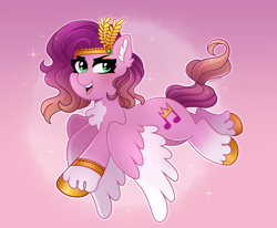 Size: 1996x1647 | Tagged: safe, artist:emera33, pipp petals, pegasus, pony, g5, bracelet, coat markings, colored hooves, crown, diadem, ear fluff, eyebrows, female, flying, gold hooves, gradient background, gradient hooves, headband, hooves, jewelry, looking at you, mare, open mouth, open smile, regalia, singing, smiling, smiling at you, socks (coat markings), solo, sparkles, unshorn fetlocks