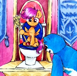 Size: 1979x1954 | Tagged: dead source, safe, artist:liaaqila, scootaloo, pegasus, pony, g4, but why, charmin bear, cute, cutealoo, scepter, sitting, sitting on toilet, throne room, toilet, traditional art, twilight scepter