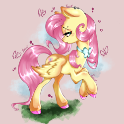 Size: 3000x3000 | Tagged: safe, artist:toxikil, fluttershy, butterfly, pegasus, pony, g4, blushing, bow, cute, eyelashes, female, full body, fully shaded, mare, neck bow, piercing, shading, shiny hooves, shiny mane, shy, shyabetes, simple background, solo, sparkly, sparkly eyes, sparkly mane, spread wings, standing on two hooves, wingding eyes, wings