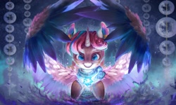 Size: 2048x1229 | Tagged: safe, artist:xyq, artist:xyq_nb, princess flurry heart, alicorn, pony, g4, bandana, clothes, commission, crystal heart, detailed, female, flying, folded wings, mare, painting, solo, wings