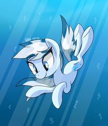 Size: 2400x2800 | Tagged: safe, artist:notadeliciouspotato, oc, oc only, oc:serene dive, earth pony, g4, bubble, crepuscular rays, diving, female, flowing mane, flowing tail, mare, ocean, signature, smiling, solo, sunlight, swimming, tail, underwater, water