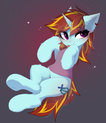 Size: 3039x3526 | Tagged: safe, artist:empress-twilight, oc, oc only, oc:exodust, pony, unicorn, :p, clothes, commission, ear fluff, ear piercing, eyebrows, eyebrows visible through hair, eyeshadow, femboy, fluffy, gradient background, high res, horn, leaning back, leg fluff, lidded eyes, looking at you, makeup, male, piercing, purple eyes, red hair, smiling, solo, stallion, striped mane, striped tail, tail, tongue out, underhoof, unicorn oc, ych result