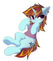 Size: 3039x3526 | Tagged: safe, artist:empress-twilight, oc, oc only, oc:exodust, pony, unicorn, :p, clothes, commission, ear fluff, ear piercing, eyebrows, eyebrows visible through hair, eyeshadow, femboy, fluffy, high res, horn, leaning back, leg fluff, lidded eyes, looking at you, makeup, male, piercing, purple eyes, red hair, simple background, smiling, solo, stallion, striped mane, striped tail, tail, tongue out, transparent background, underhoof, unicorn oc, ych result