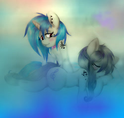 Size: 1024x969 | Tagged: safe, artist:tilly-towell, dj pon-3, octavia melody, vinyl scratch, earth pony, pony, unicorn, g4, blushing, bowtie, duo, ear piercing, female, horn, lesbian, piercing, ship:scratchtavia, shipping, sleeping, tattoo