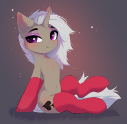 Size: 3648x3566 | Tagged: safe, alternate character, alternate version, artist:empress-twilight, oc, oc only, oc:friday (exodust), pony, unicorn, chest fluff, clothes, commission, eyeshadow, femboy, fluffy, gradient background, grey hair, high res, horn, leaning back, lidded eyes, makeup, male, smiling, socks, solo, stallion, unicorn oc, ych result