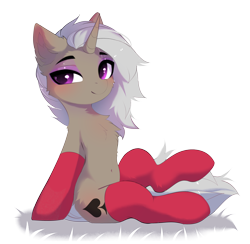Size: 3648x3566 | Tagged: safe, alternate character, alternate version, artist:empress-twilight, oc, oc only, oc:friday (exodust), pony, unicorn, chest fluff, clothes, commission, eyeshadow, femboy, fluffy, grey hair, high res, horn, leaning back, lidded eyes, makeup, male, simple background, smiling, socks, solo, stallion, transparent background, unicorn oc, ych result