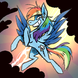 Size: 768x768 | Tagged: safe, artist:kikamations, rainbow dash, pegasus, pony, g4, blue coat, colored wings, complex background, dot eyes, feather, feathered wings, female, gritted teeth, hatching (technique), lightning, looking at you, messy mane, messy tail, multicolored hair, profile, rainbow hair, rainbow tail, rearing, solo, spread wings, stormcloud, tail, teeth, two toned wings, wings