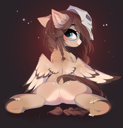 Size: 3527x3666 | Tagged: safe, alternate character, alternate version, artist:empress-twilight, oc, oc only, oc:ondrea, pegasus, pony, butt, butt focus, coat markings, commission, cute, dock, eyebrows, featureless crotch, female, gradient mane, hair bun, high res, looking at you, looking back, lying down, mare, pegasus oc, plot, prone, smiling, solo, sploot, spread legs, spread wings, spreading, tail, underhoof, wings, ych result