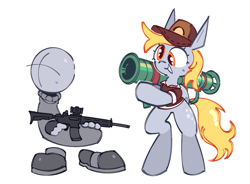 Size: 1119x824 | Tagged: safe, artist:mihar34, derpy hooves, pegasus, pony, g4, bipedal, clothes, derp, duo, duo male and female, female, floating limbs, gun, hoof hold, madness combat, mailmare, male, newgrounds, rocket launcher, simple background, tail, turtleneck, uniform, uniform hat, weapon, white background