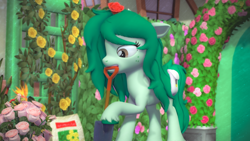 Size: 3840x2160 | Tagged: safe, artist:silkworm205, wallflower blush, earth pony, pony, series:silkworm205's weekly artwork 2024, g4, 3d, digging, downloadable, female, floppy ears, flower, fluffy mane, fluffy tail, freckles, garden, gardening, outdoors, revamped ponies, shovel, solo, source filmmaker, source filmmaker resource, tail, wallflower and plants