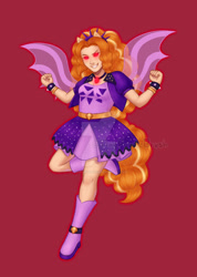 Size: 1280x1793 | Tagged: safe, artist:tinypurplebrush, adagio dazzle, equestria girls, g4, belt, boots, clothes, deviantart watermark, dress, evil smile, female, gem, grin, high heel boots, jacket, obtrusive watermark, red background, red eyes take warning, shoes, simple background, siren gem, smiling, solo, spiked wristband, watermark, wristband
