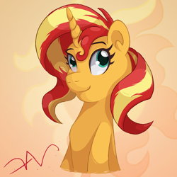 Size: 1300x1300 | Tagged: safe, artist:swasfews, sunset shimmer, pony, unicorn, g4, bust, female, horn, looking at you, mare, simple background, smiling, solo