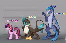 Size: 4096x2693 | Tagged: safe, artist:rrd-artist, oc, oc only, oc:meng xin, dragon, griffon, pony, unicorn, curved horn, horn