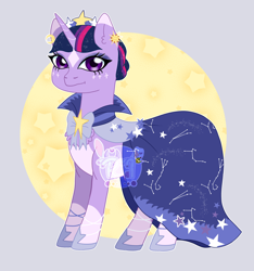 Size: 2164x2310 | Tagged: safe, artist:ponyrasmeii, twilight sparkle, pony, unicorn, g4, suited for success, the best night ever, chest fluff, clothes, coat markings, constellation dress, dress, ear piercing, earring, eyeshadow, gala dress, hair bun, horn, jewelry, makeup, nextgen:rasmeiiverse, piercing, redesign, simple background, socks (coat markings), solo, stars, tiara, underbelly, watermark