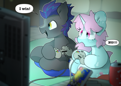 Size: 1920x1357 | Tagged: safe, artist:mochi_nation, oc, oc only, oc:helios aster, oc:scoops, bat pony, pony, unicorn, book, commission, controller, cute, female, horn, male, mare, nintendo switch, stallion, television, ych result