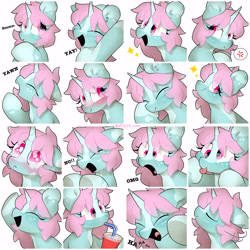 Size: 8192x8192 | Tagged: safe, artist:mochi_nation, oc, oc only, oc:scoops, pony, unicorn, blushing, crying, cute, drink, drinking, emotes, female, horn, mare, multeity, silly, simple background, solo, tongue out, white background, yawn
