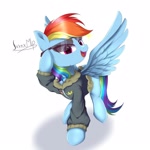 Size: 1700x1700 | Tagged: safe, artist:jxxnxmlp, rainbow dash, pegasus, pony, g4, bomber jacket, clothes, female, jacket, mare, open mouth, open smile, signature, simple background, smiling, solo, spread wings, sunglasses, white background, wings