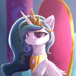 Size: 2000x2000 | Tagged: safe, artist:jxxnxmlp, princess celestia, alicorn, pony, g4, bust, female, high res, mare, peytral, portrait, signature, smiling, solo, throne, throne room