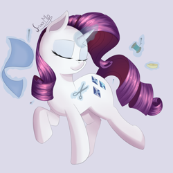 Size: 2000x2000 | Tagged: safe, artist:jxxnxmlp, rarity, pony, unicorn, g4, eyes closed, fabric, female, glowing, glowing horn, high res, horn, magic, mare, measuring tape, needle, scissors, signature, simple background, smiling, solo, telekinesis, thread, trotting