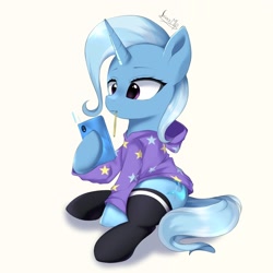 Size: 2000x2000 | Tagged: safe, artist:jxxnxmlp, trixie, pony, unicorn, g4, cellphone, clothes, equestria girls outfit, eyebrows, female, high res, hoodie, hoof hold, horn, mare, phone, shadow, signature, simple background, sitting, smartphone, socks, solo