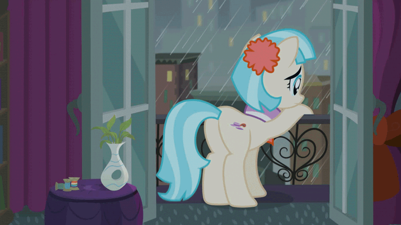 Size: 1600x900 | Tagged: safe, artist:devfield, coco pommel, earth pony, pony, g4, made in manehattan, absurd file size, absurd gif size, animated, balcony, book, bookshelf, building, butt, city, cityscape, clothes, coco's apartment, complex background, curtains, door, doorway, eye shimmer, featured image, female, flower, flower in hair, gif, hatbutt, i can't believe it's not hasbro studios, leaning, loop, manehattan, mare, night, perfect loop, plant, plot, rain, rainbow thread, raised hoof, rear view, sad, shadow, solo, thread, vase, wind, window