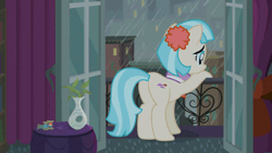 Size: 1600x900 | Tagged: safe, artist:devfield, coco pommel, earth pony, pony, g4, made in manehattan, absurd file size, absurd gif size, animated, balcony, book, bookshelf, building, butt, city, cityscape, clothes, coco's apartment, cocobetes, complex background, curtains, cute, door, doorway, eye shimmer, featured image, female, flower, flower in hair, gif, hatbutt, i can't believe it's not hasbro studios, leaning, loop, manehattan, mare, night, perfect loop, plant, plot, rain, rainbow thread, raised hoof, rear view, sad, sadorable, shadow, show accurate, solo, thread, vase, wind, window