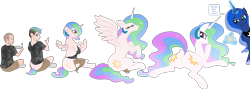 Size: 3210x1148 | Tagged: safe, artist:axiomtf, artist:redpaladin, princess celestia, princess luna, oc, alicorn, human, pony, g4, cake, cakelestia, dialogue, food, human oc, human to pony, levitation, magic, magic aura, male to female, non-mlp oc, plate, speech bubble, spoon, telekinesis, transformation, transformation sequence, transgender transformation