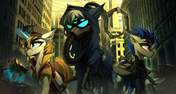 Size: 4200x2244 | Tagged: safe, artist:chamommile, prince blueblood, oc, oc only, oc:dusk blade, oc:gear works, bat pony, original species, pegasus, pony, adeptus mechanicus, ammunition, apc, armor, bat pony oc, bolter, building, city, clothes, colored wings, commissar, commission, crossover, full body, gun, jacket, jewelry, light skin, looking at someone, looking at something, magic, male, mask, pegasus oc, ponytail, rifle, tech priest, telekinesis, two toned wings, uniform, warhammer (game), warhammer 40k, weapon, wings, ych result
