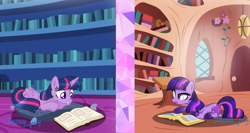 Size: 4020x2144 | Tagged: safe, artist:snowflakefrostyt, twilight sparkle, alicorn, pony, g4, book, female, g5 concept leaks, golden oaks library, library, lying down, mare, pillow, prone, twilight sparkle (alicorn), twilight sparkle (g5 concept leak), twilight's castle, twilight's castle library