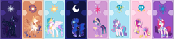 Size: 3625x822 | Tagged: safe, artist:snowflakefrostyt, princess amore, princess cadance, princess celestia, princess flurry heart, princess luna, twilight sparkle, oc, oc:king cosmos, oc:queen galaxia, alicorn, pony, g4, alicorn pentarchy, concave belly, crown, ethereal mane, ethereal tail, height difference, hoof shoes, jewelry, long mane, long tail, older, peytral, physique difference, princess shoes, regalia, slender, tail, tall, thin, twilight sparkle (alicorn)
