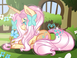 Size: 891x673 | Tagged: safe, artist:snowflakefrostyt, fluttershy, pony, g4, fluttershy (g5 concept leak), g5 concept leaks, lying down, prone, solo