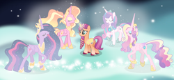 Size: 5192x2408 | Tagged: safe, artist:snowflakefrostyt, luster dawn, princess cadance, princess flurry heart, sunny starscout, twilight sparkle, alicorn, pony, g5, alicornified, alternate hairstyle, alternate tailstyle, artificial horn, artificial wings, augmented, concave belly, crown, folded wings, group, height difference, hoof shoes, horn, jewelry, long horn, long mane, long tail, lustercorn, magic, magic horn, magic wings, older, older flurry heart, older princess cadance, older twilight, older twilight sparkle (alicorn), open mouth, peytral, physique difference, princess celestia's special princess making dimension, princess shoes, princess twilight 2.0, quintet, race swap, raised hoof, regalia, slender, soul, standing on two hooves, sunny and her heroine, sunnycorn, tail, tall, thin, twilight sparkle (alicorn), unshorn fetlocks, wings