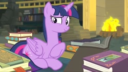 Size: 1200x675 | Tagged: safe, screencap, twilight sparkle, alicorn, equestria girls, equestria girls specials, g4, my little pony equestria girls: better together, my little pony equestria girls: forgotten friendship, book, bookshelf, female, fireplace, library, solo, twilight sparkle (alicorn)