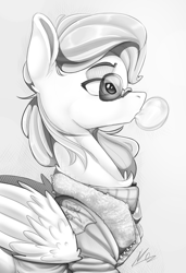 Size: 860x1256 | Tagged: safe, artist:velya_34, spitfire, pegasus, pony, unicorn, g4, blowing bubbles, bubblegum, clothes, female, food, glasses, grayscale, gum, horn, mare, monochrome, side view, sketch, solo, sunglasses, wonderbolts