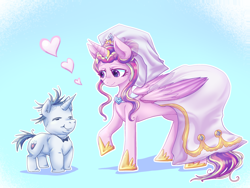 Size: 2286x1717 | Tagged: safe, artist:pikachu0205, princess cadance, shining armor, alicorn, pony, unicorn, g4, clothes, concave belly, dress, duo, fat, female, heart, height difference, horn, male, mare, meme, rolls of fat, shining blubber, ship:shiningcadance, shipping, size difference, slender, smiling, stallion, straight, the bride and the ugly ass groom, thin, toy interpretation, wedding dress