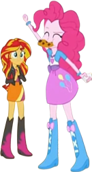 Size: 1363x2520 | Tagged: safe, edit, edited screencap, editor:homersimpson1983, screencap, pinkie pie, sunset shimmer, human, equestria girls, g4, my little pony equestria girls: rainbow rocks, arms, arms in the air, background removed, blurry, boots, bow, bracelet, breasts, chewing, chocolate chip cookie, clothes, cookie, duo, duo female, eating, eyebrows, eyes closed, eyes open, female, food, hand, hands in the air, jacket, jewelry, leather, leather boots, leather jacket, legs, long hair, long sleeves, not a vector, raised eyebrow, random, shirt, shoes, short sleeves, silly, simple background, teenager, top, transparent background, v-neck, vest