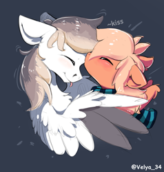 Size: 984x1032 | Tagged: safe, artist:velya_34, oc, oc only, oc:keji, oc:mirta whoowlms, pegasus, pony, clothes, ears back, eyes closed, female, forehead kiss, hug, kejitash, kissing, male, mare, married couple, oc x oc, scarf, shipping, simple background, smiling, spread wings, stallion, straight, striped scarf, tongue out, wings