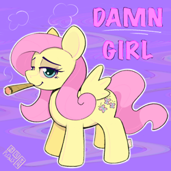 Size: 2160x2160 | Tagged: safe, artist:pedalspony, fluttershy, pegasus, pony, g4, 420, abstract background, drugs, female, flutterhigh, high, joint, mare, marijuana, plushification, silly face, smoke, smoking, solo, text