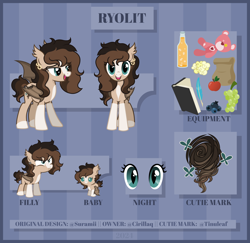 Size: 4000x3883 | Tagged: safe, artist:cirillaq, oc, oc only, oc:ryolit, bat pony, pony, apple, baby, baby pony, bag, blueberry, book, bottle, female, filly, foal, food, grapes, mare, plushie, quill, reference sheet, solo, teddy bear